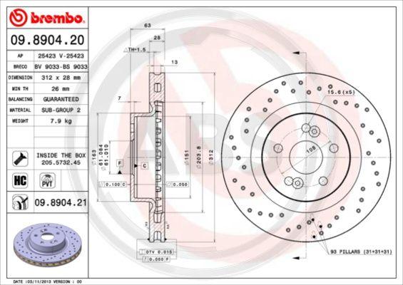 A.B.S. 09.8904.20 - Bremžu diski ps1.lv