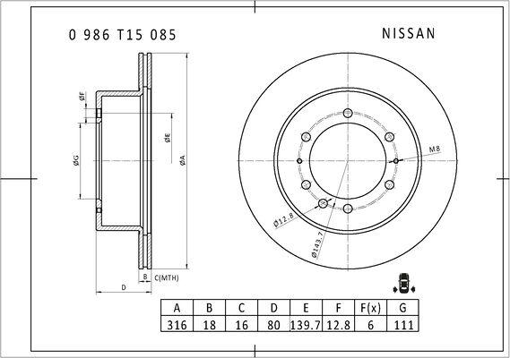 BOSCH 0 986 T15 085 - Bremžu diski ps1.lv