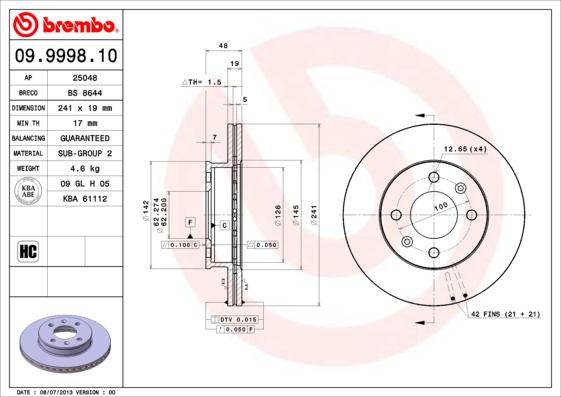 Brembo 09.9998.10 - Bremžu diski ps1.lv