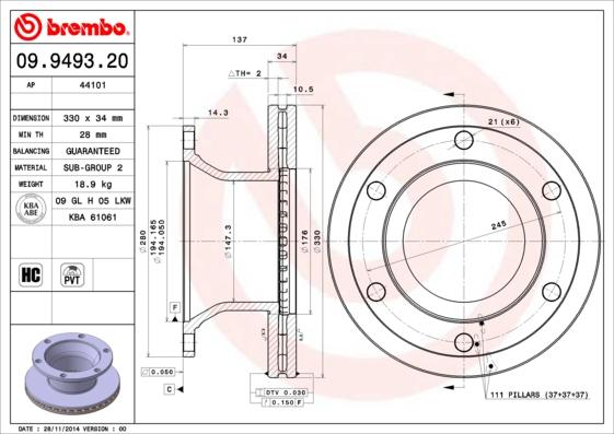 Brembo 09.9493.20 - Bremžu diski ps1.lv