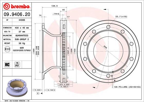 Brembo 09.9406.20 - Bremžu diski ps1.lv