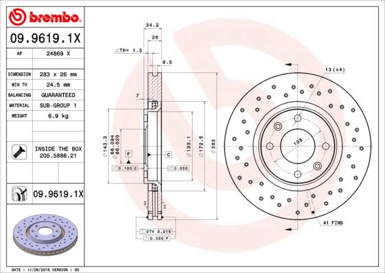 Brembo 09.9619.1X - Bremžu diski ps1.lv