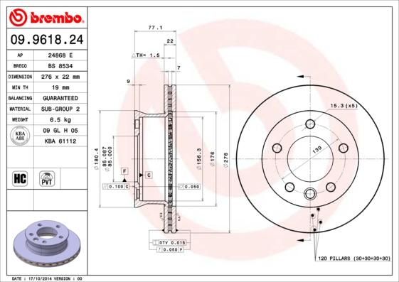 Brembo 09.9618.24 - Bremžu diski ps1.lv