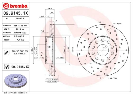 Brembo 09.9145.1X - Bremžu diski ps1.lv