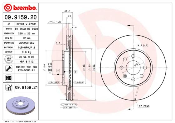 Brembo 09.9159.21 - Bremžu diski ps1.lv