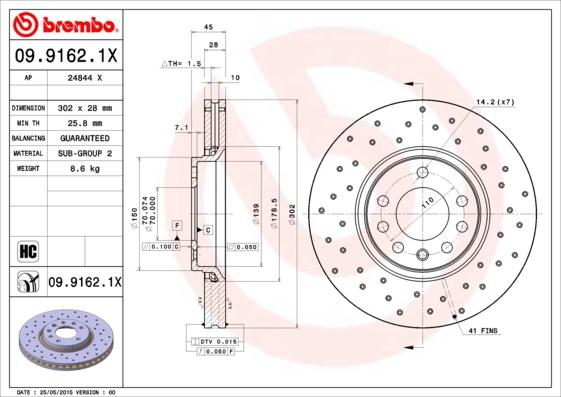 Brembo 09.9162.1X - Bremžu diski ps1.lv