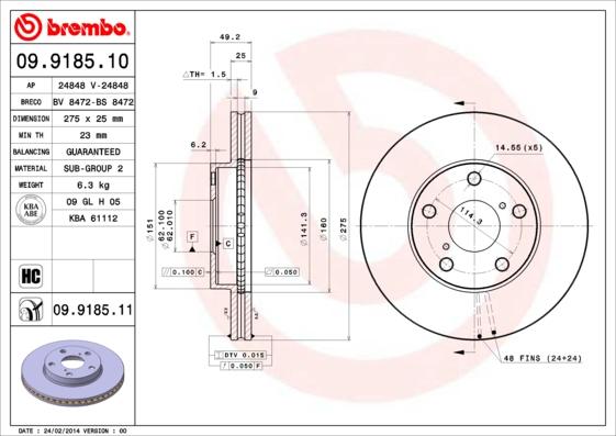 Brembo 09.9185.11 - Bremžu diski ps1.lv