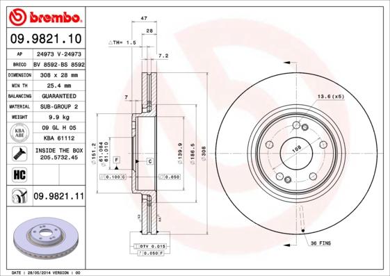 Brembo 09.9821.10 - Bremžu diski ps1.lv