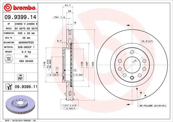 Brembo 09.9399.14 - Bremžu diski ps1.lv