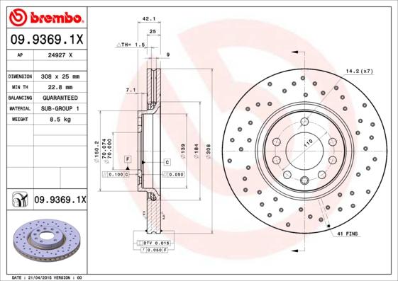 Brembo 09.9369.1X - Bremžu diski ps1.lv