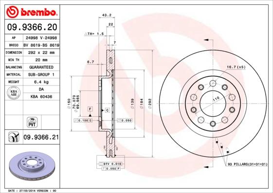 Brembo 09.9366.21 - Bremžu diski ps1.lv