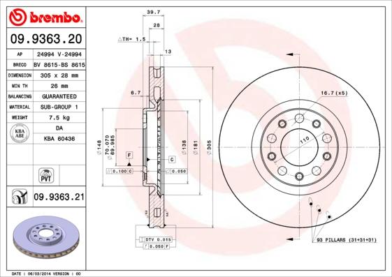 Brembo 09.9363.20 - Bremžu diski ps1.lv