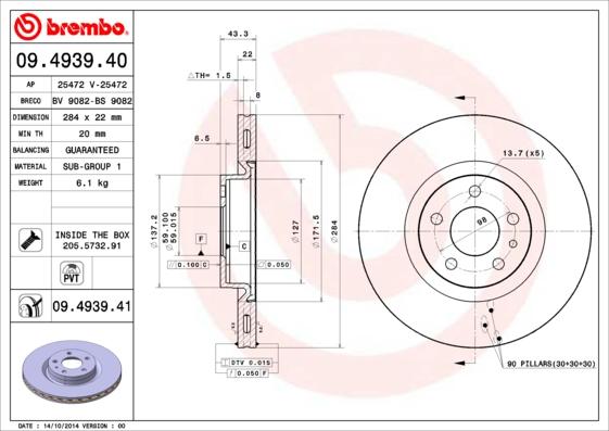 Brembo 09.4939.41 - Bremžu diski ps1.lv