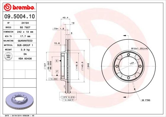 Brembo 09.5004.10 - Bremžu diski ps1.lv