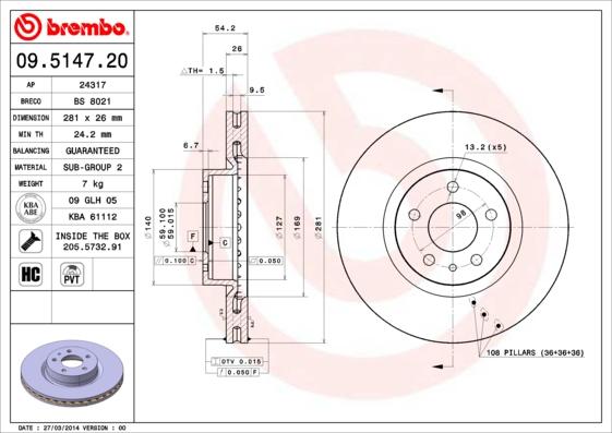 Brembo 09.5147.20 - Bremžu diski ps1.lv