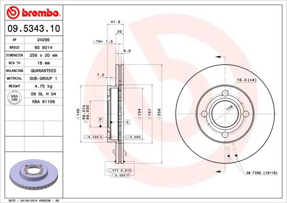 Brembo 09.5343.10 - Bremžu diski ps1.lv