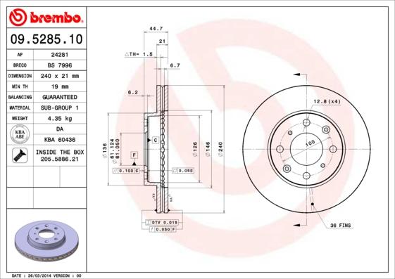 Brembo 09.5285.10 - Bremžu diski ps1.lv