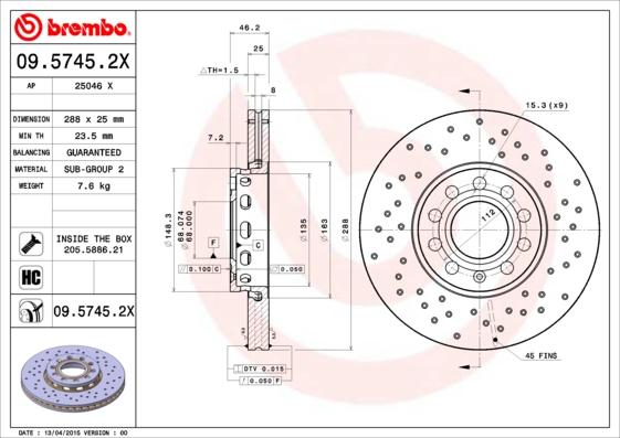 Brembo 09.5745.2X - Bremžu diski ps1.lv