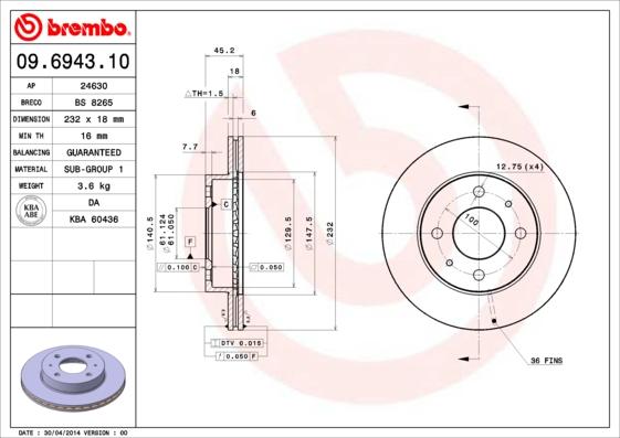 Brembo 09.6943.10 - Bremžu diski ps1.lv