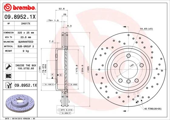 Brembo 09.8952.1X - Bremžu diski ps1.lv