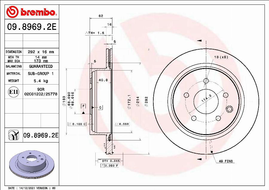 Brembo 09.8969.2E - Bremžu diski ps1.lv