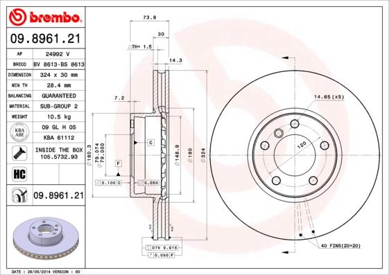 Brembo 09.8961.21 - Bremžu diski ps1.lv