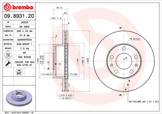 Brembo 09.8931.20 - Bremžu diski ps1.lv