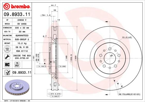 Brembo 09.8933.11 - Bremžu diski ps1.lv