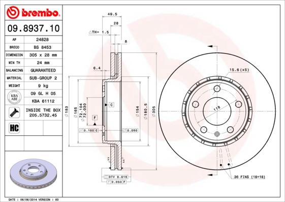 Brembo 09.8937.10 - Bremžu diski ps1.lv