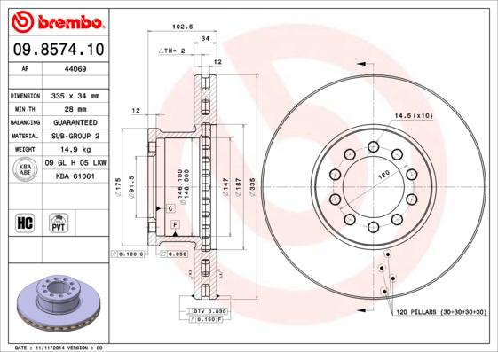 Brembo 09.8574.10 - Bremžu diski ps1.lv