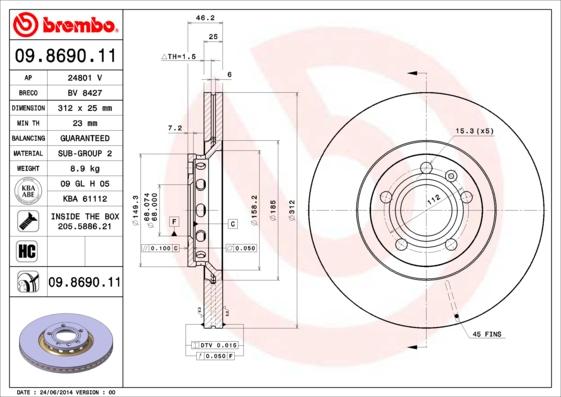 Brembo 09.8690.11 - Bremžu diski ps1.lv