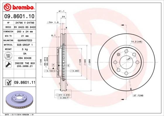 Brembo 09.8601.11 - Bremžu diski ps1.lv