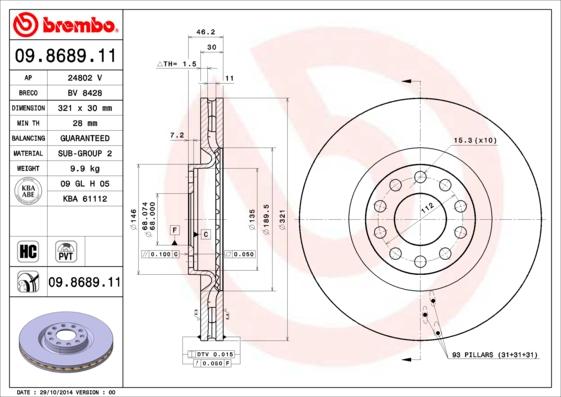 Brembo 09.8689.11 - Bremžu diski ps1.lv