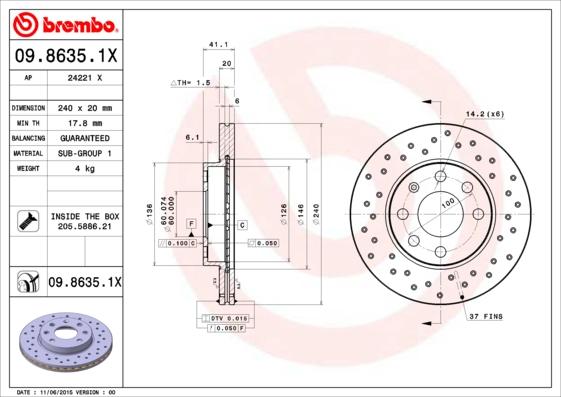 Brembo 09.8635.1X - Bremžu diski ps1.lv