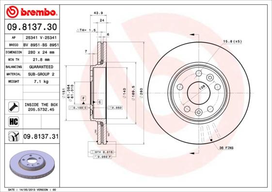 Brembo 09.8137.31 - Bremžu diski ps1.lv