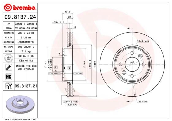 Brembo 09.8137.21 - Bremžu diski ps1.lv