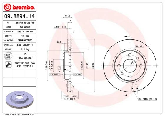 Brembo 09.8894.14 - Bremžu diski ps1.lv