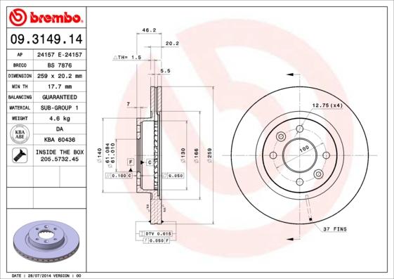 Brembo 09.3149.14 - Bremžu diski ps1.lv