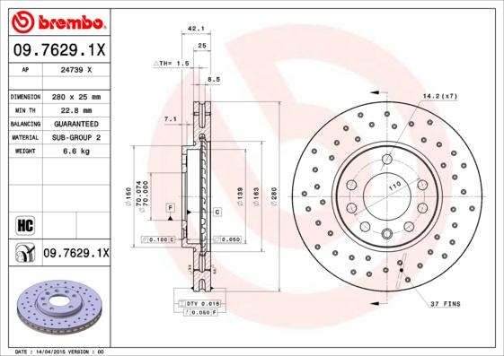 Brembo 09.7629.1X - Bremžu diski ps1.lv