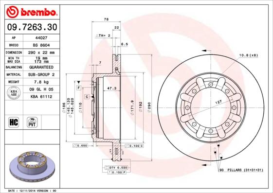 Brembo 09.7263.30 - Bremžu diski ps1.lv