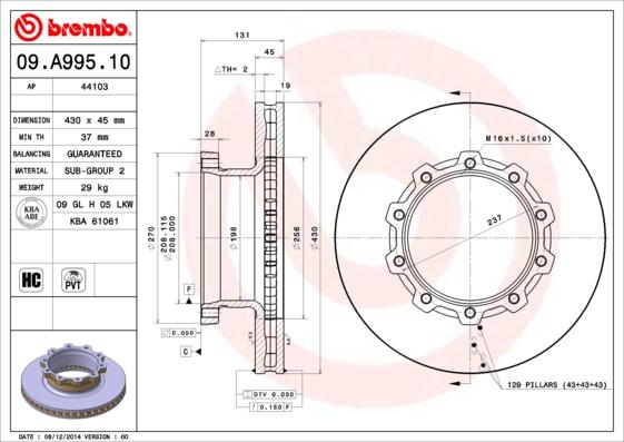 Brembo 09.A995.10 - Bremžu diski ps1.lv