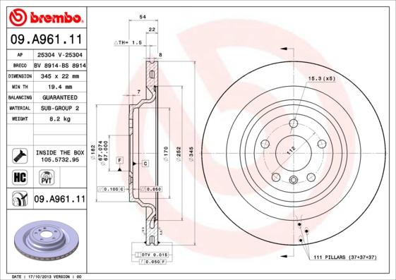 Brembo 09.A961.11 - Bremžu diski ps1.lv