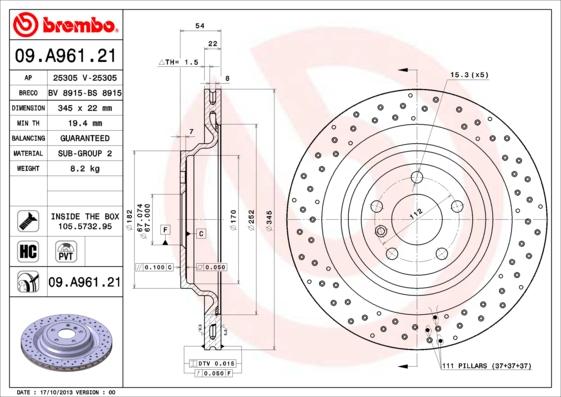 Brembo 09.A961.21 - Bremžu diski ps1.lv