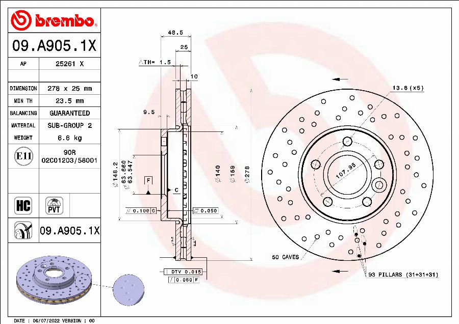 Brembo 09.A905.1X - Bremžu diski ps1.lv