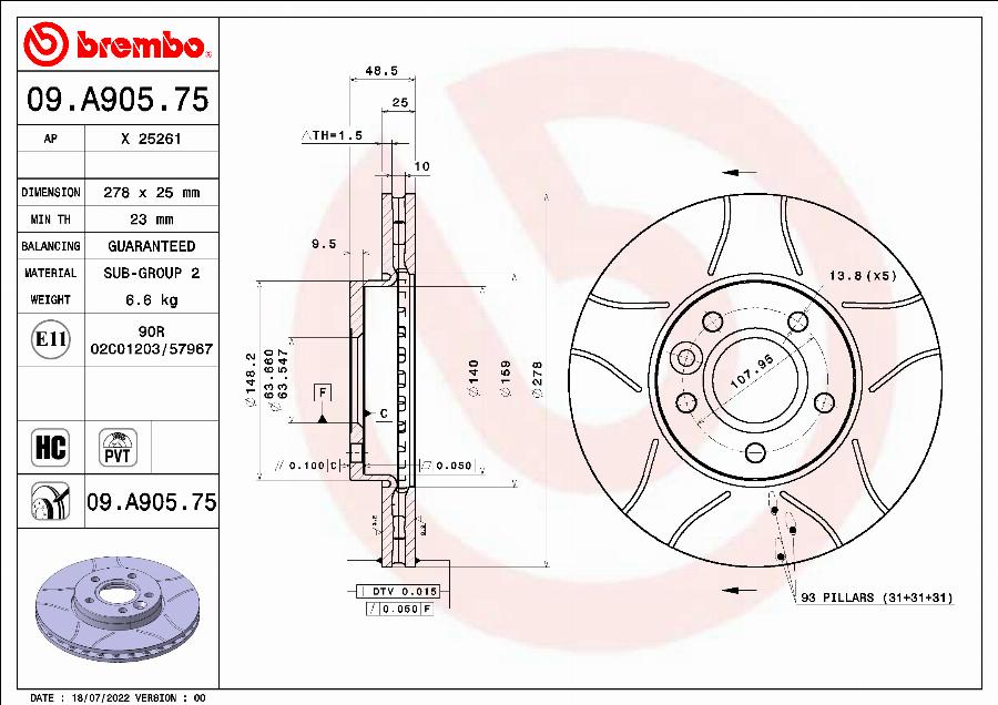 Brembo 09.A905.75 - Bremžu diski ps1.lv