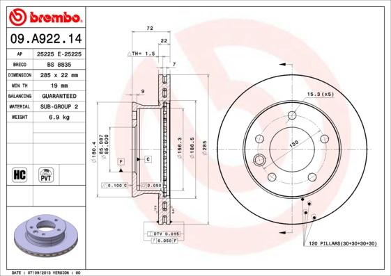 Brembo 09.A922.14 - Bremžu diski ps1.lv