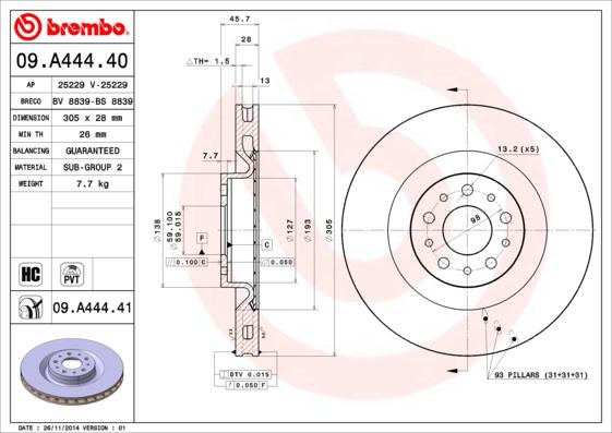 Brembo 09.A444.40 - Bremžu diski ps1.lv