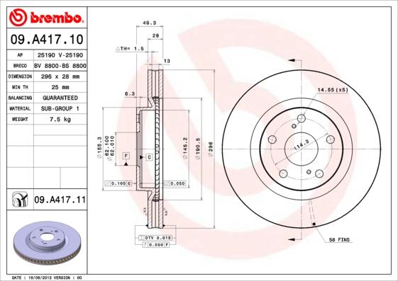 Brembo 09.A417.11 - Bremžu diski ps1.lv