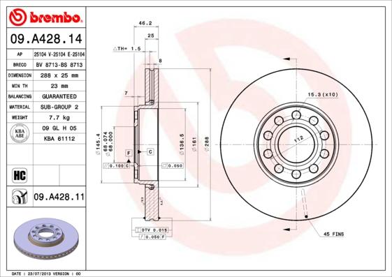 Brembo 09.A428.14 - Bremžu diski ps1.lv