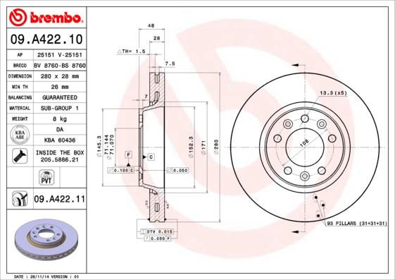 Brembo 09.A422.10 - Bremžu diski ps1.lv